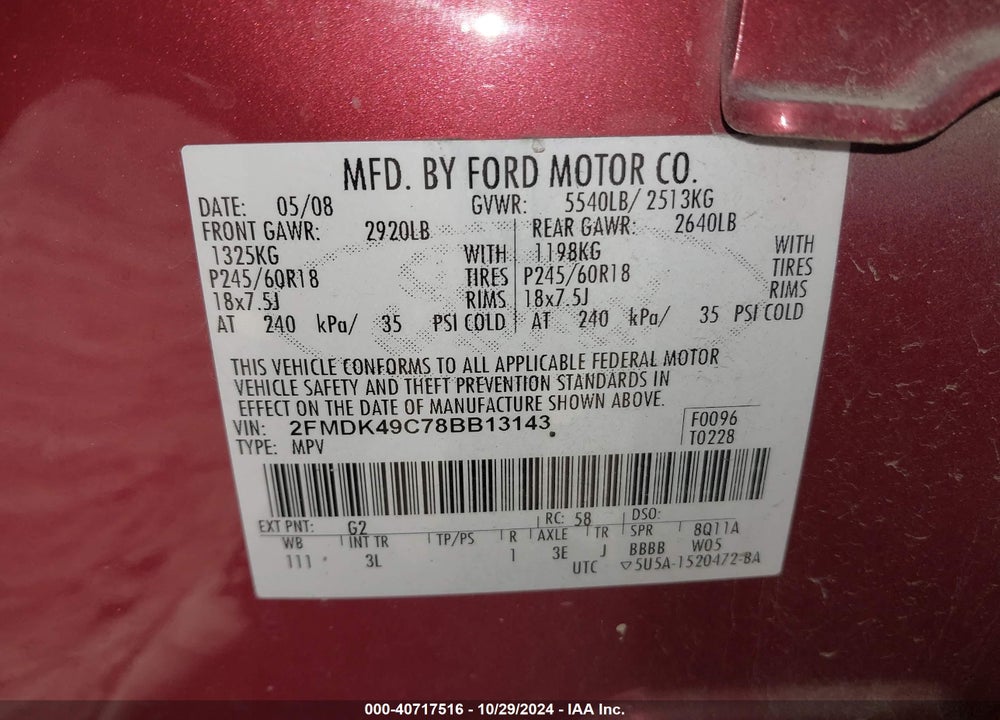 2008 FORD EDGE LIMITED VIN: 2FMDK49C78BB13143