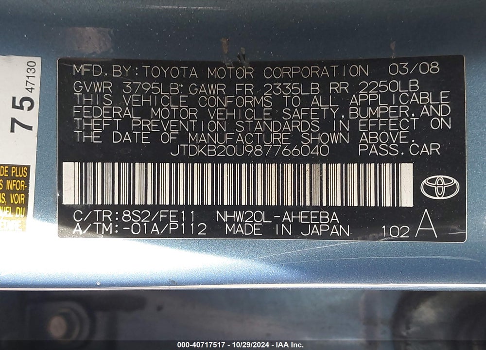2008 TOYOTA PRIUS VIN: JTDKB20U987766040