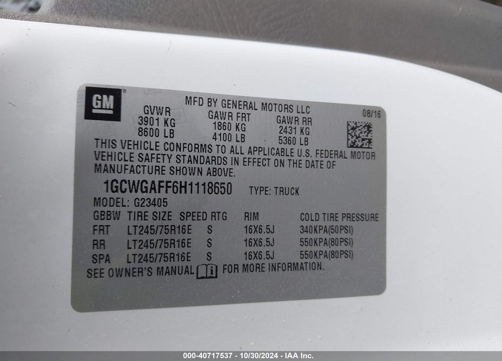 2017 CHEVROLET EXPRESS 2500 WORK VAN VIN: 1GCWGAFF6H1118650