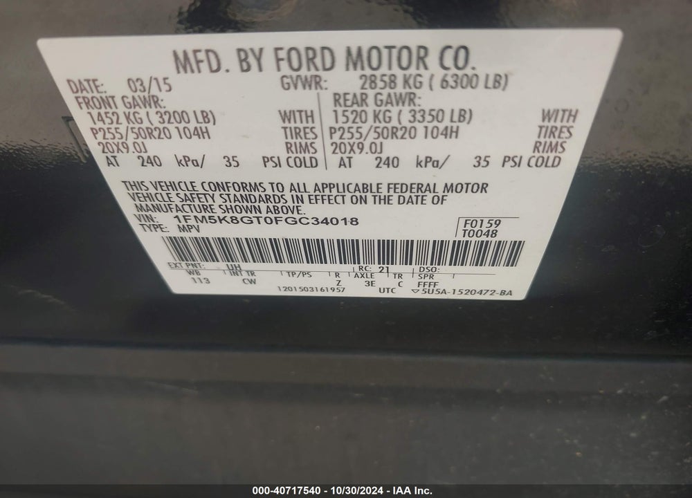 2015 FORD EXPLORER SPORT VIN: 1FM5K8GT0FGC34018