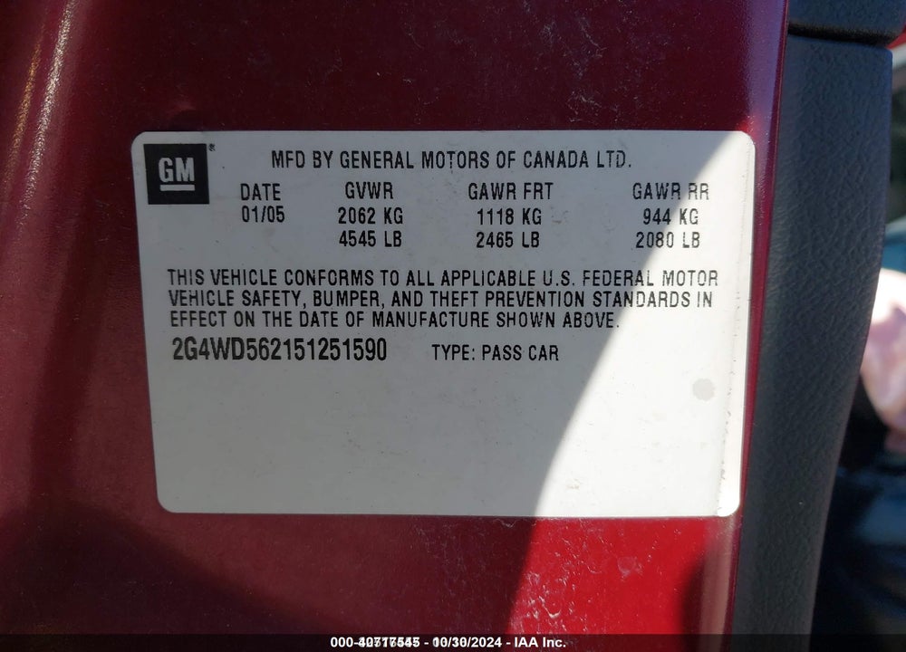 2005 BUICK LACROSSE CXL VIN: 2G4WD562151251590