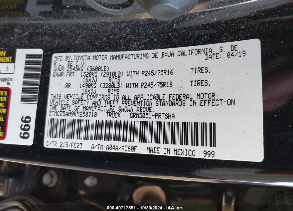 2019 TOYOTA TACOMA SR5 V6 VIN: 3TMCZ5AN9KM250718