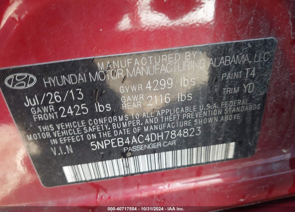 2013 HYUNDAI SONATA GLS VIN: 5NPEB4AC4DH784823