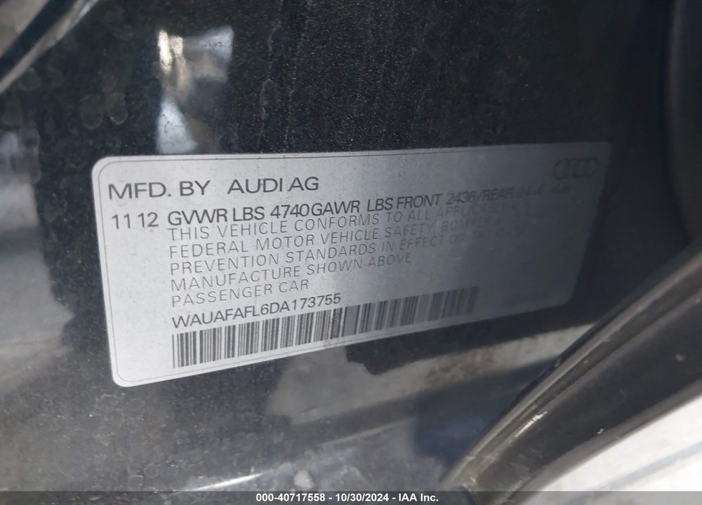 2013 AUDI A4 2.0T PREMIUM VIN: WAUAFAFL6DA173755