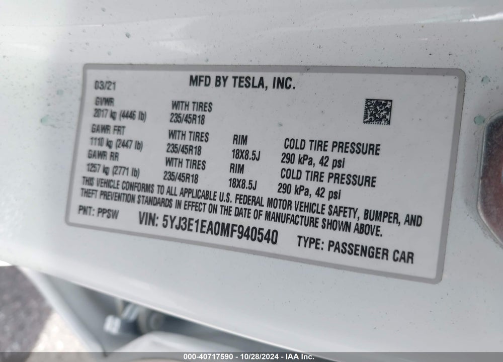 2021 TESLA MODEL 3 VIN: 5YJ3E1EA0MF940540
