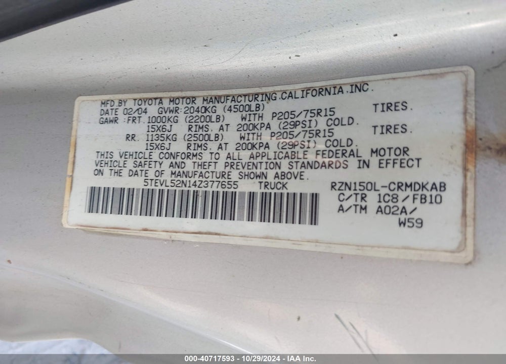 2004 TOYOTA TACOMA VIN: 5TEVL52N14Z377655