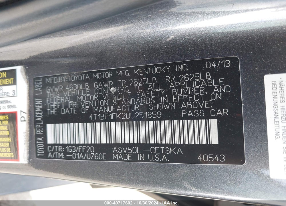 2013 TOYOTA CAMRY SE VIN: 4T1BF1FK2DU251859