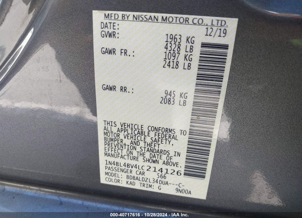 2020 NISSAN ALTIMA S FWD VIN: 1N4BL4BV4LC214126