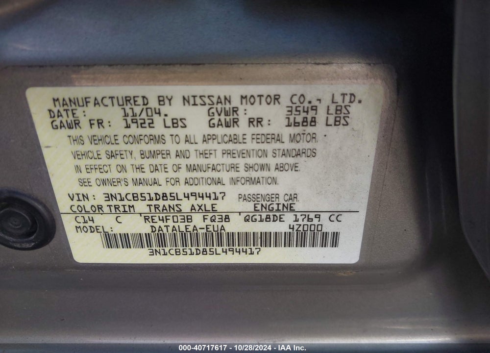 2005 NISSAN SENTRA 1.8S VIN: 3N1CB51D85L494417