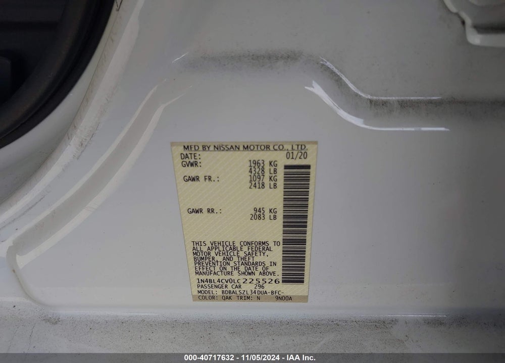 2020 NISSAN ALTIMA SR FWD VIN: 1N4BL4CV0LC225526