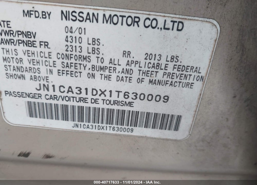 2001 NISSAN MAXIMA SE VIN: JN1CA31DX1T630009