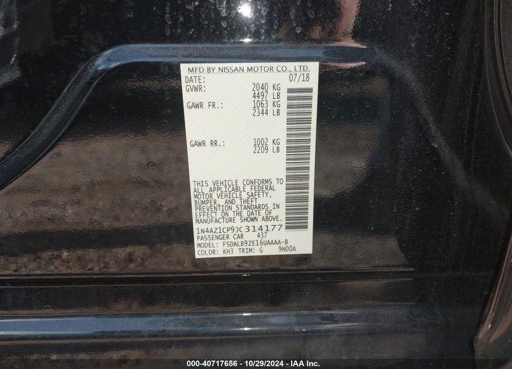 2018 NISSAN LEAF S VIN: 1N4AZ1CP9JC314177