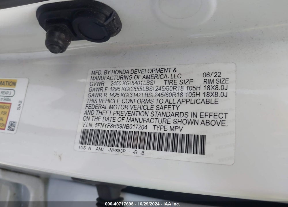 2022 HONDA PASSPORT AWD TRAILSPORT VIN: 5FNYF8H69NB017204
