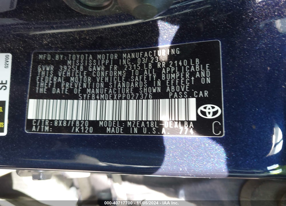 2023 TOYOTA COROLLA LE VIN: 5YFB4MDEXPP027376