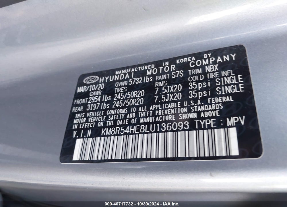 2020 HYUNDAI PALISADE LIMITED VIN: KM8R54HE8LU136093