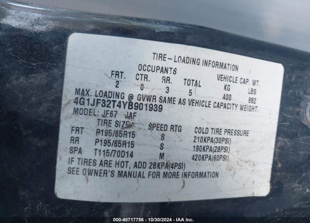 2000 CHEVROLET CAVALIER Z24 VIN: 4G1JF32T4YB901939