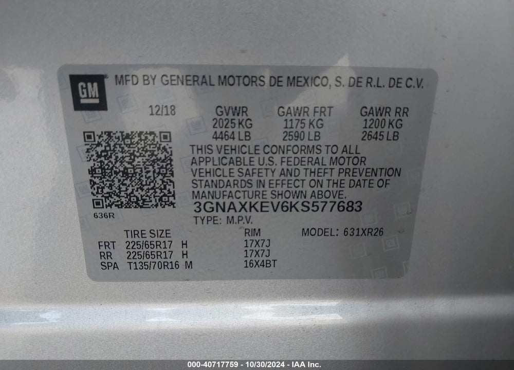 2019 CHEVROLET EQUINOX LT VIN: 3GNAXKEV6KS577683