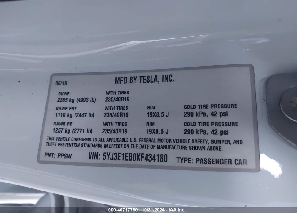 2019 TESLA MODEL 3 LONG RANGE/PERFORMANCE VIN: 5YJ3E1EB0KF434180