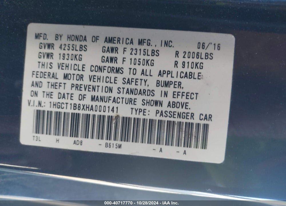 2017 HONDA ACCORD EX-L VIN: 1HGCT1B8XHA000141