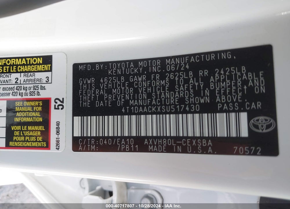 2025 TOYOTA CAMRY SE VIN: 4T1DAACKXSU517430