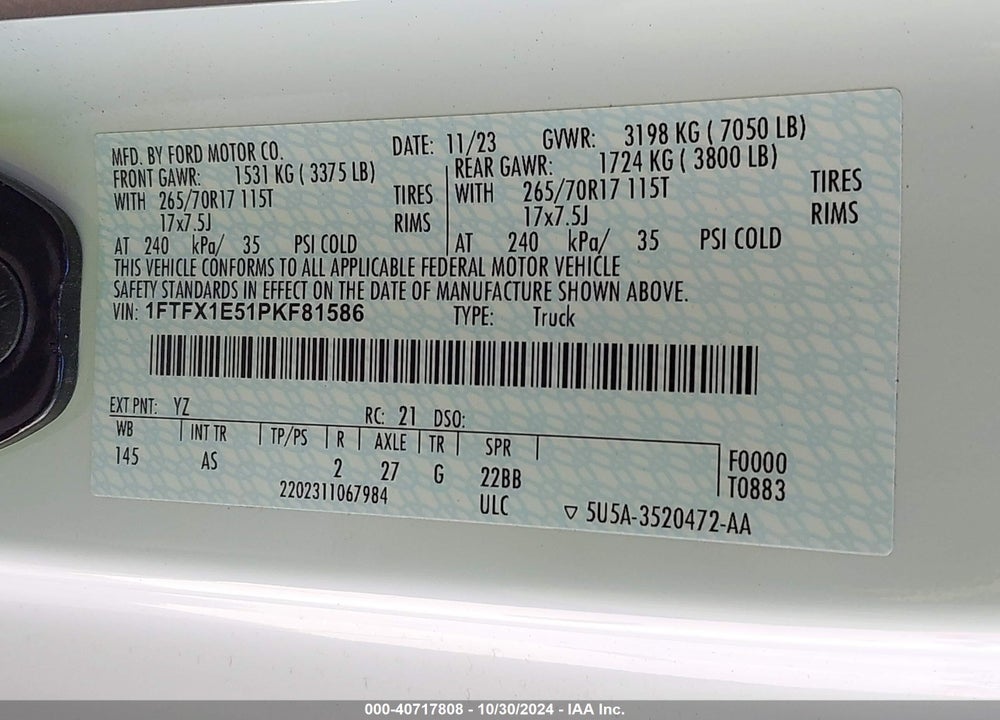 2023 FORD F-150 XL VIN: 1FTFX1E51PKF81586