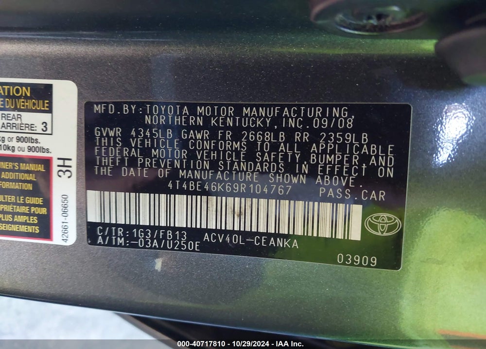 2009 TOYOTA CAMRY LE VIN: 4T4BE46K69R104767