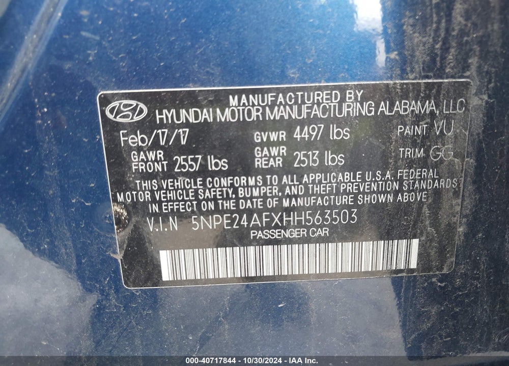 2017 HYUNDAI SONATA VIN: 5NPE24AFXHH563503