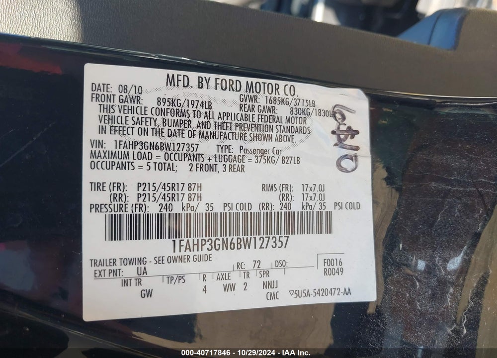2011 FORD FOCUS SES VIN: 1FAHP3GN6BW127357