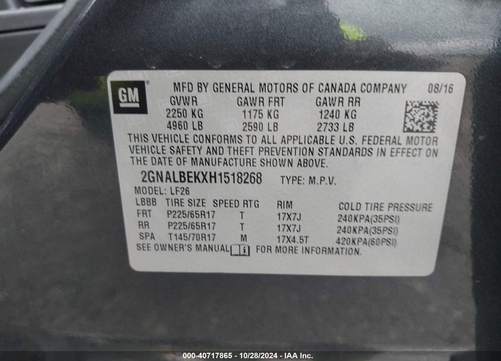 2017 CHEVROLET EQUINOX LS VIN: 2GNALBEKXH1518268