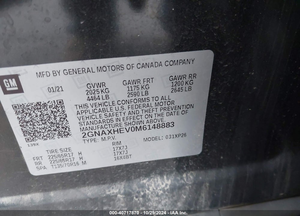 2021 CHEVROLET EQUINOX FWD LS VIN: 2GNAXHEV0M6148883