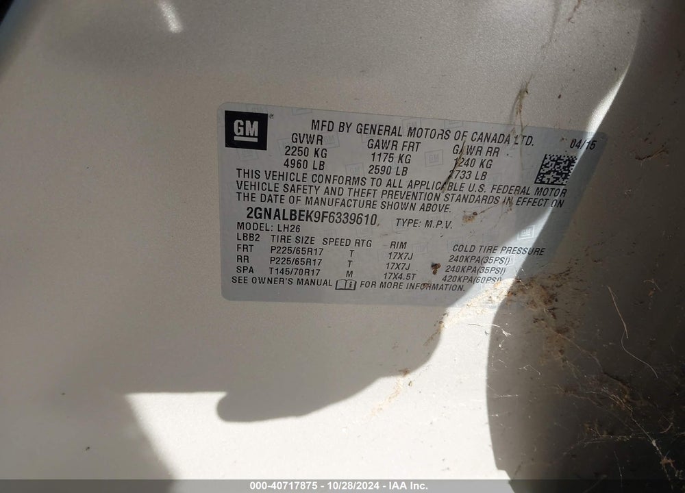 2015 CHEVROLET EQUINOX 1LT VIN: 2GNALBEK9F6339610