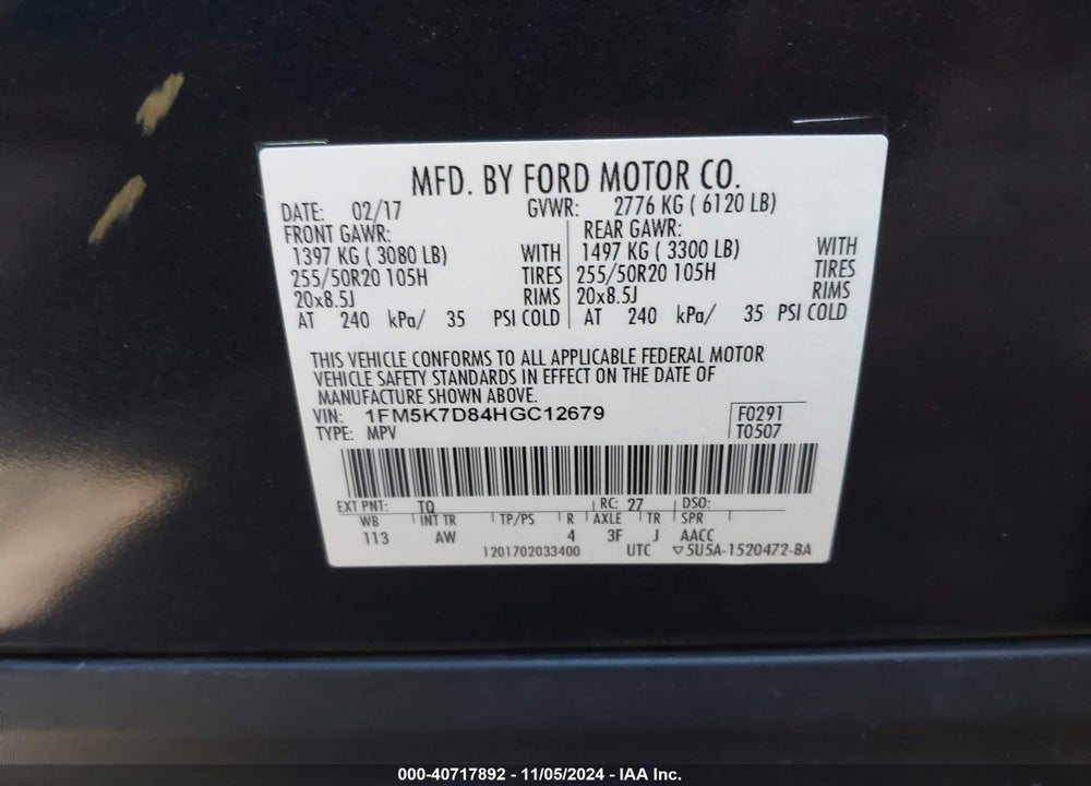 2017 FORD EXPLORER XLT VIN: 1FM5K7D84HGC12679