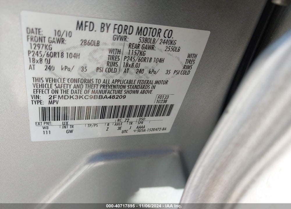 2011 FORD EDGE LIMITED VIN: 2FMDK3KC9BBA48209