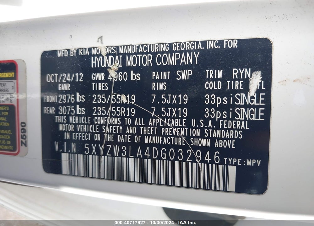 2013 HYUNDAI SANTA FE SPORT 2.0T VIN: 5XYZW3LA4DG032946