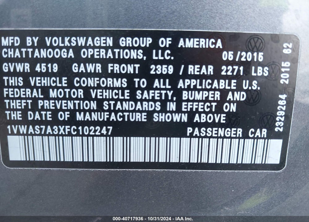 2015 VOLKSWAGEN PASSAT 1.8T LIMITED EDITION VIN: 1VWAS7A3XFC102247