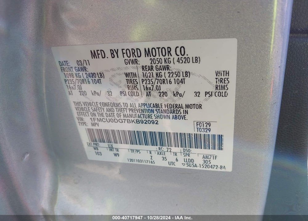 2011 FORD ESCAPE XLT VIN: 1FMCU0DG7BKB92092