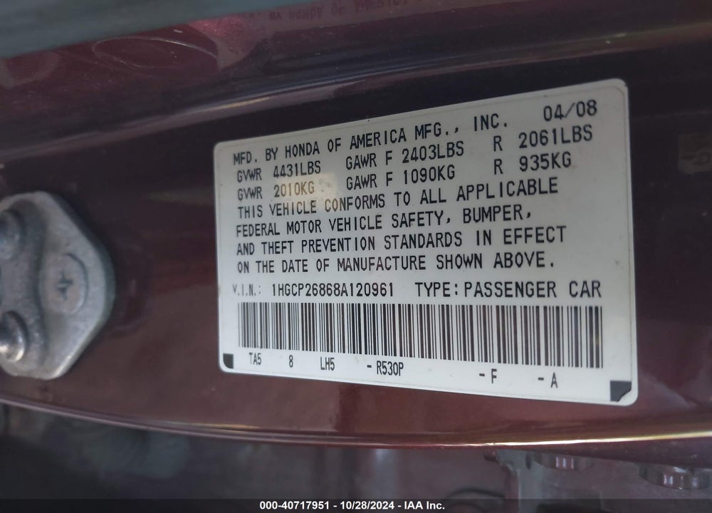 2008 HONDA ACCORD 2.4 EX-L VIN: 1HGCP26868A120961