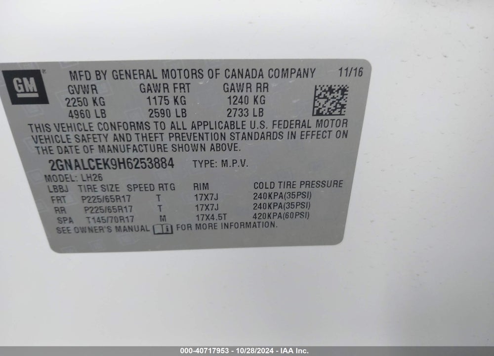 2017 CHEVROLET EQUINOX LT VIN: 2GNALCEK9H6253884