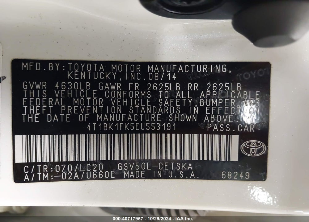 2014 TOYOTA CAMRY SE V6 VIN: 4T1BK1FK5EU553191