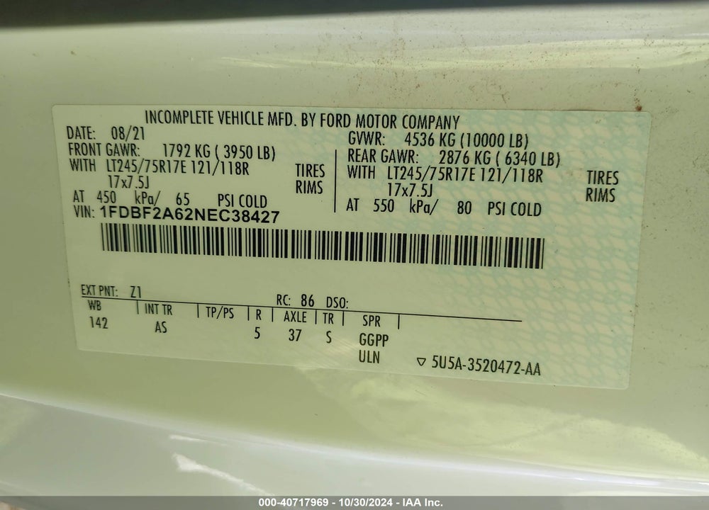 2022 FORD F-250 XL VIN: 1FDBF2A62NEC38427
