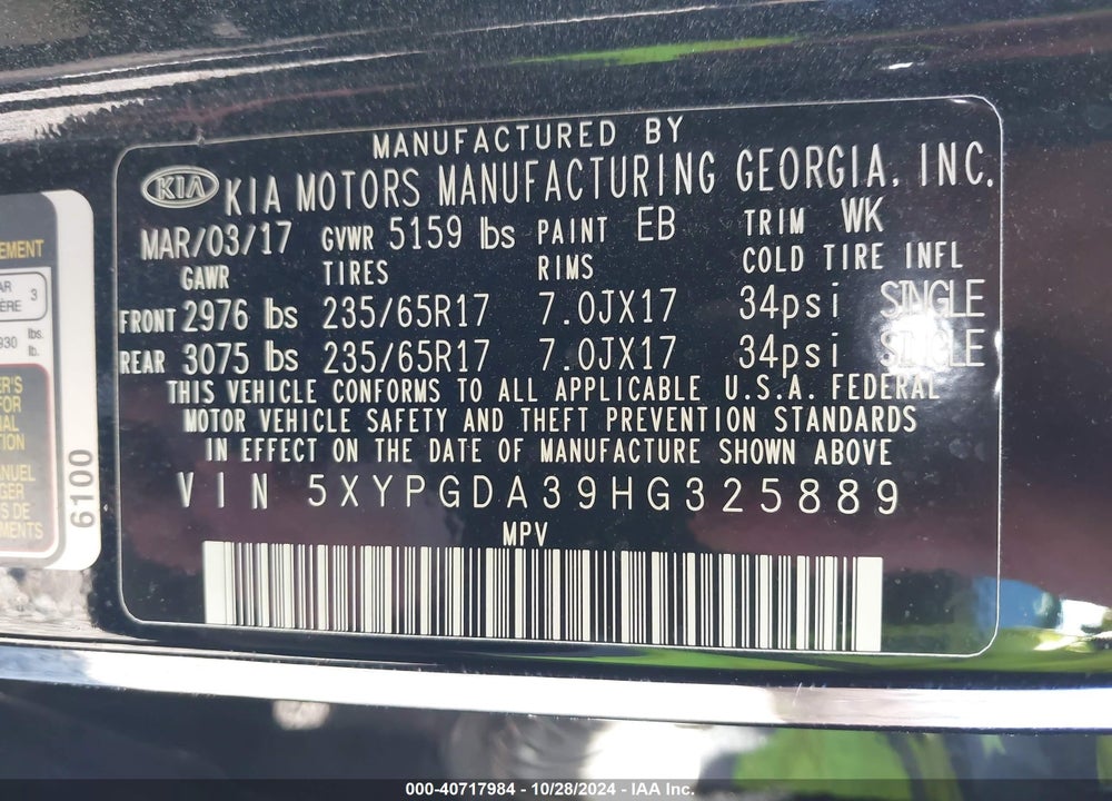 2017 KIA SORENTO 2.4L LX VIN: 5XYPGDA39HG325889