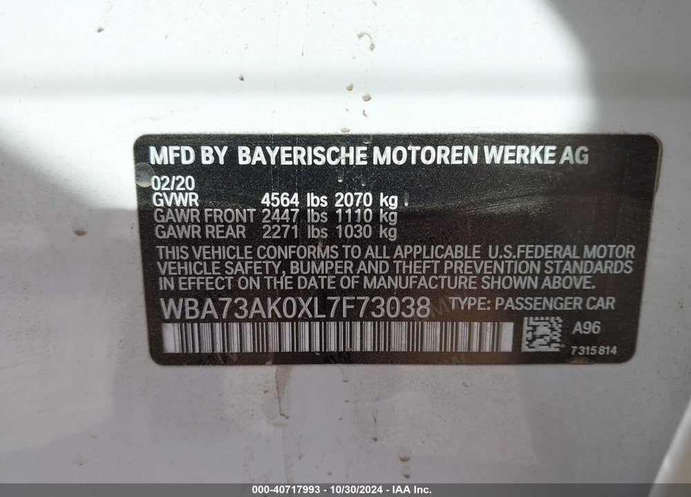 2020 BMW 228I GRAN COUPE XDRIVE VIN: WBA73AK0XL7F73038