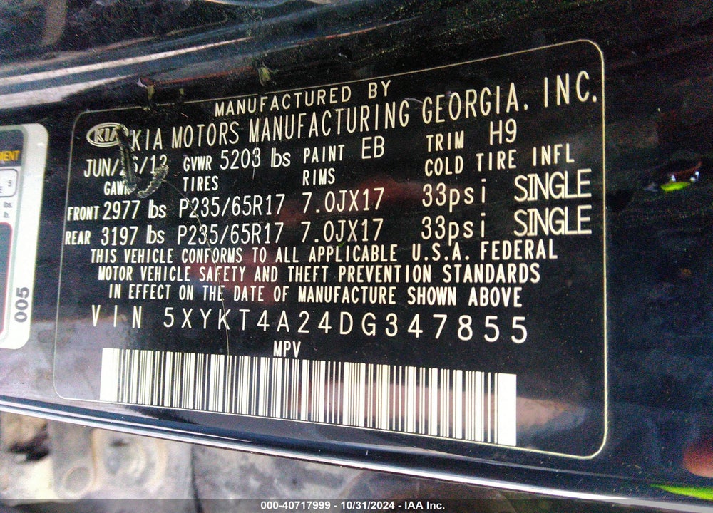 2013 KIA SORENTO VIN: 5XYKT4A24DG347855