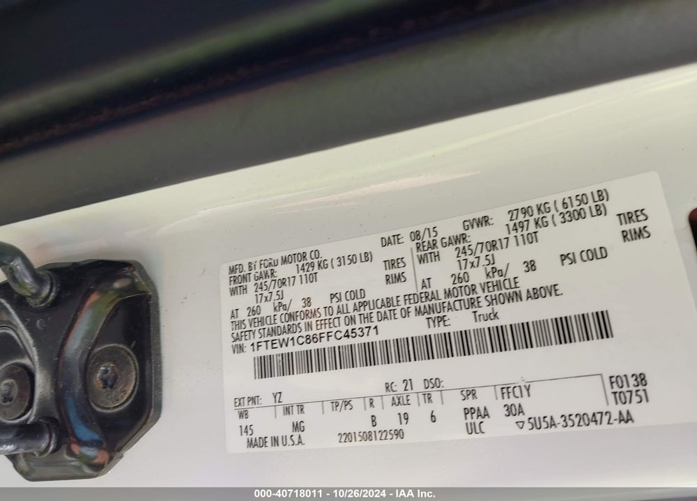 2015 FORD F-150 XLT VIN: 1FTEW1C86FFC45371