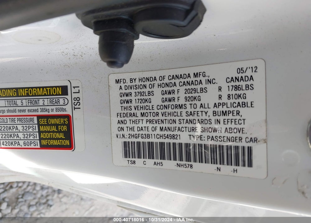 2012 HONDA CIVIC EX-L VIN: 2HGFG3B11CH549821