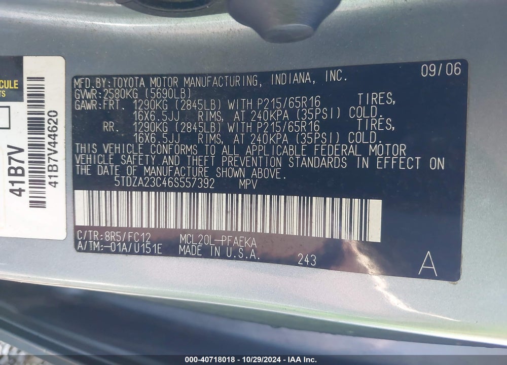 2006 TOYOTA SIENNA LE VIN: 5TDZA23C46S557392