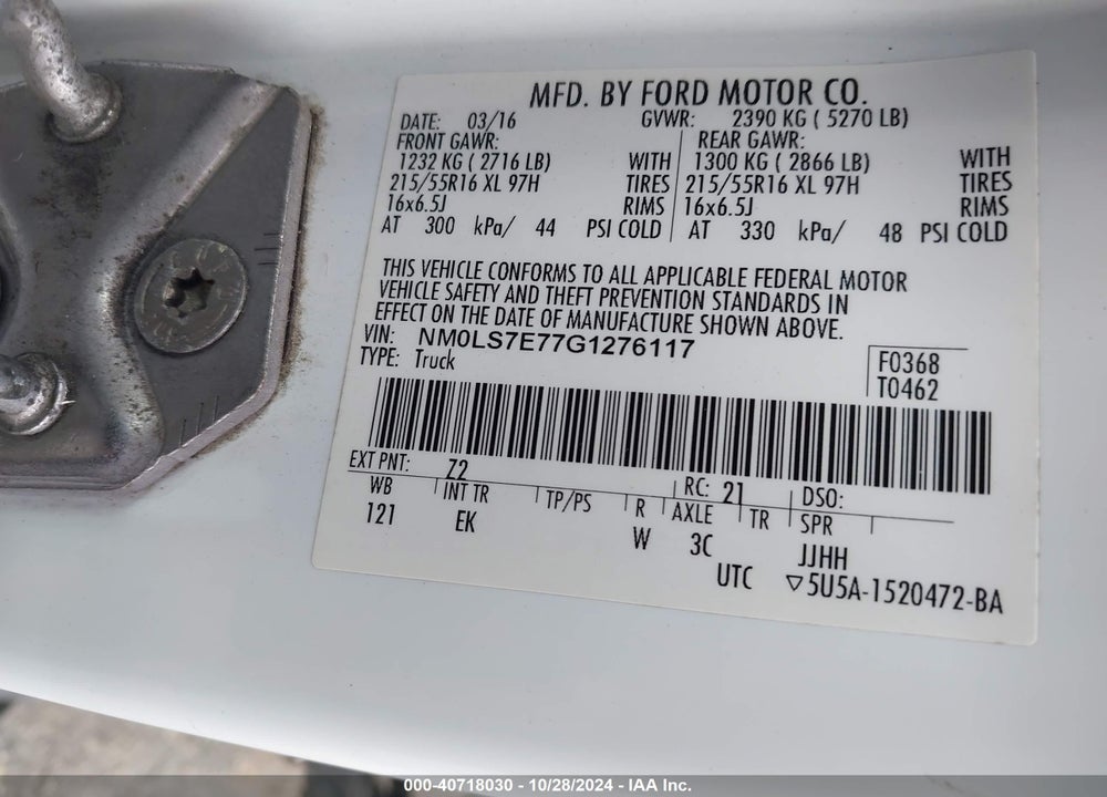 2016 FORD TRANSIT CONNECT XL VIN: NM0LS7E77G1276117