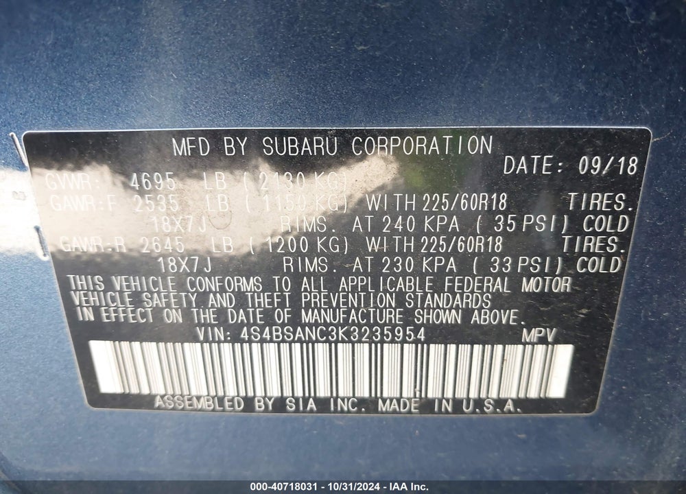 2019 SUBARU OUTBACK 2.5I LIMITED VIN: 4S4BSANC3K3235954