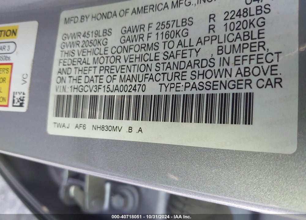 2018 HONDA ACCORD HYBRID VIN: 1HGCV3F15JA002470