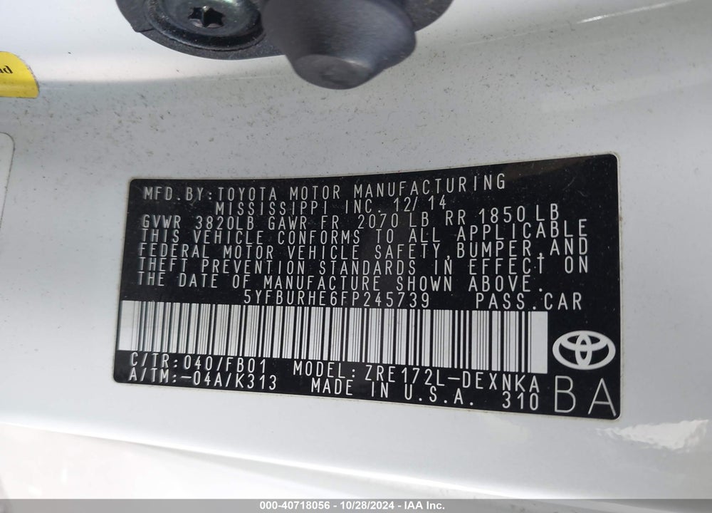 2015 TOYOTA COROLLA LE PLUS VIN: 5YFBURHE6FP245739